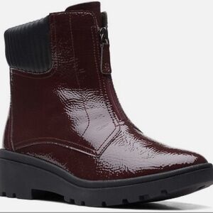 Clarks Calla booties: burgundy crinkle patent. 6.5 Wide!